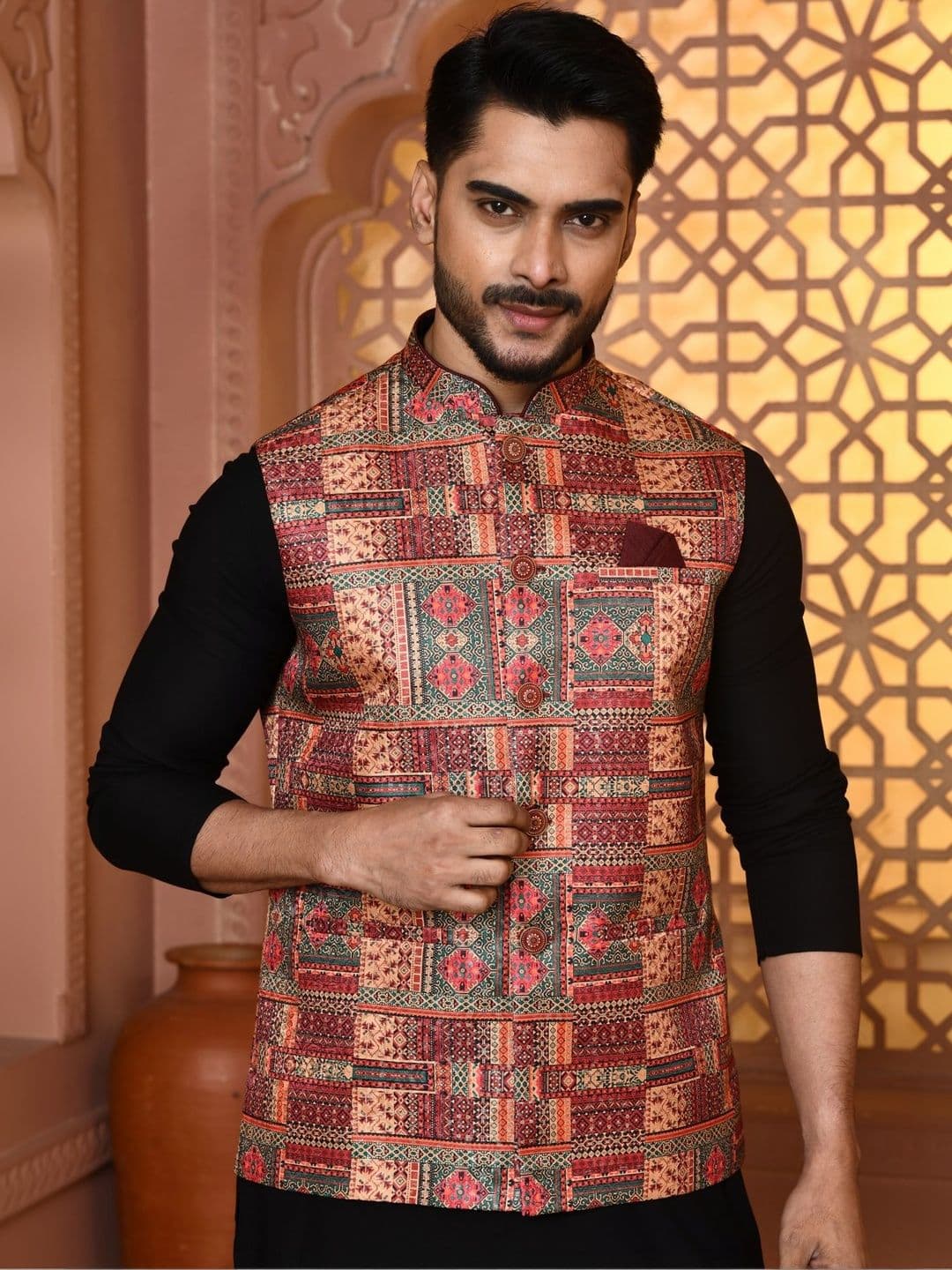 WANAS Men Multicolor Geometric Printed Premium Jacquard Nehru Jacket - view 1