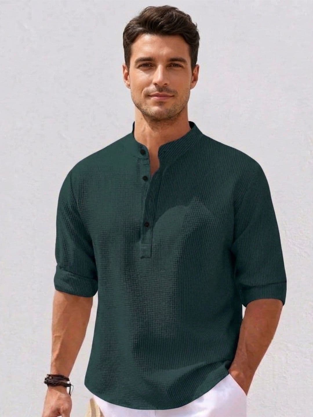 Starvy Men Mandarin Collar Roll-Up Sleeves T-shirt - view 1
