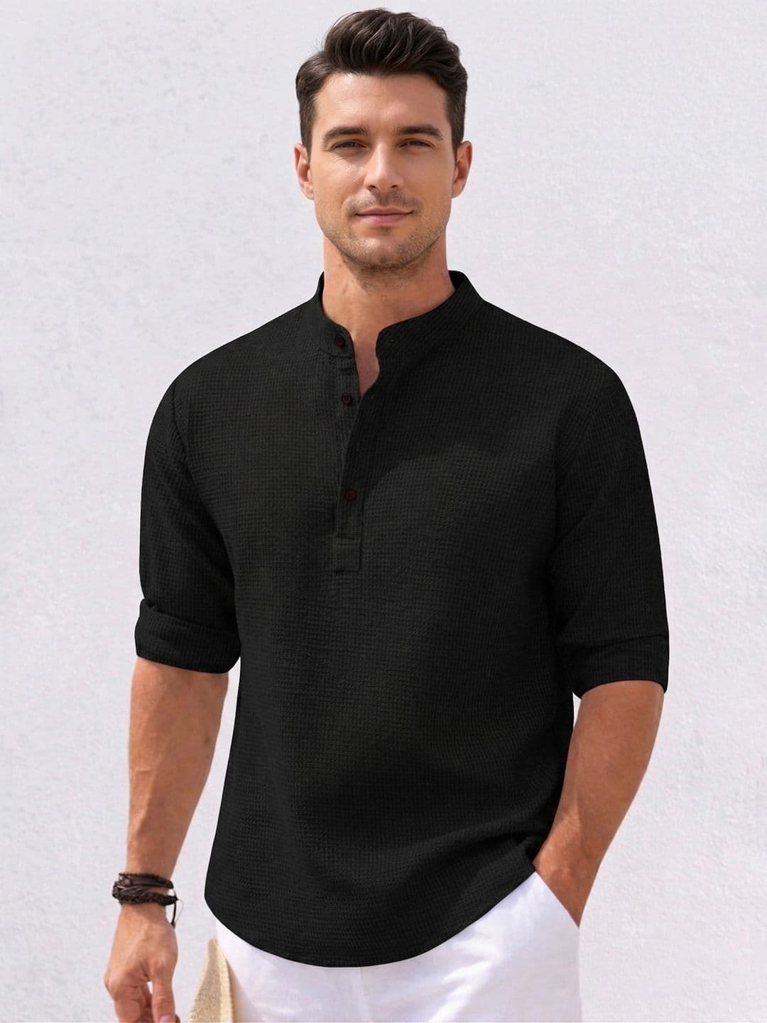 Starvy Men Mandarin Collar Roll-Up Sleeves T-shirt - view 1