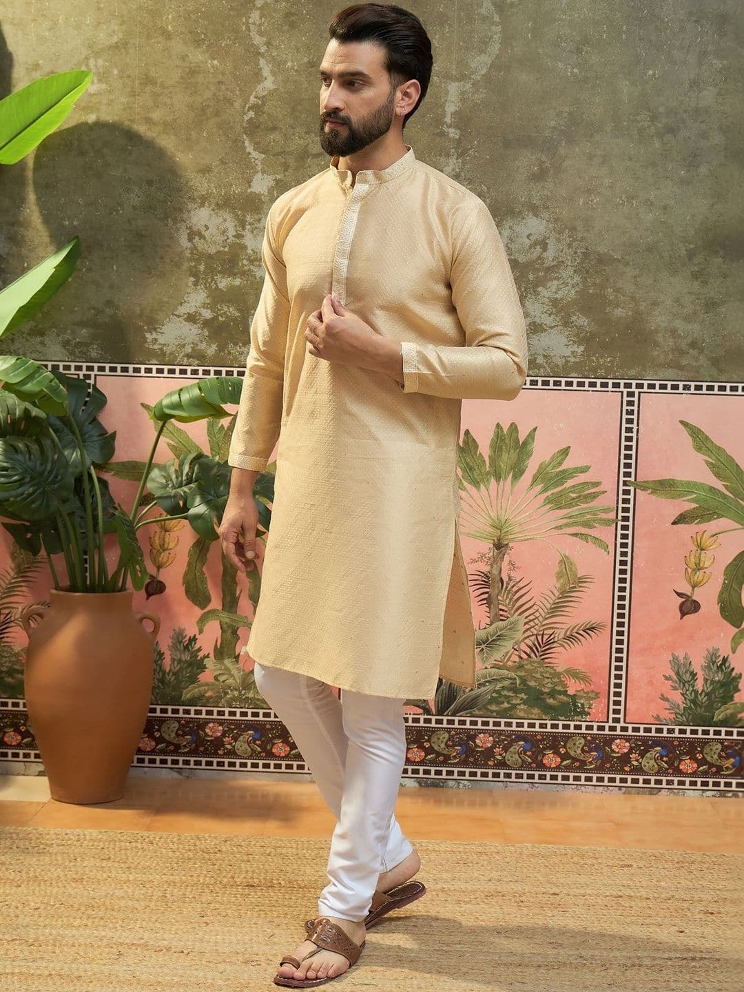 Sangria Woven Design Mandarin Collar Straight Kurta - view 1