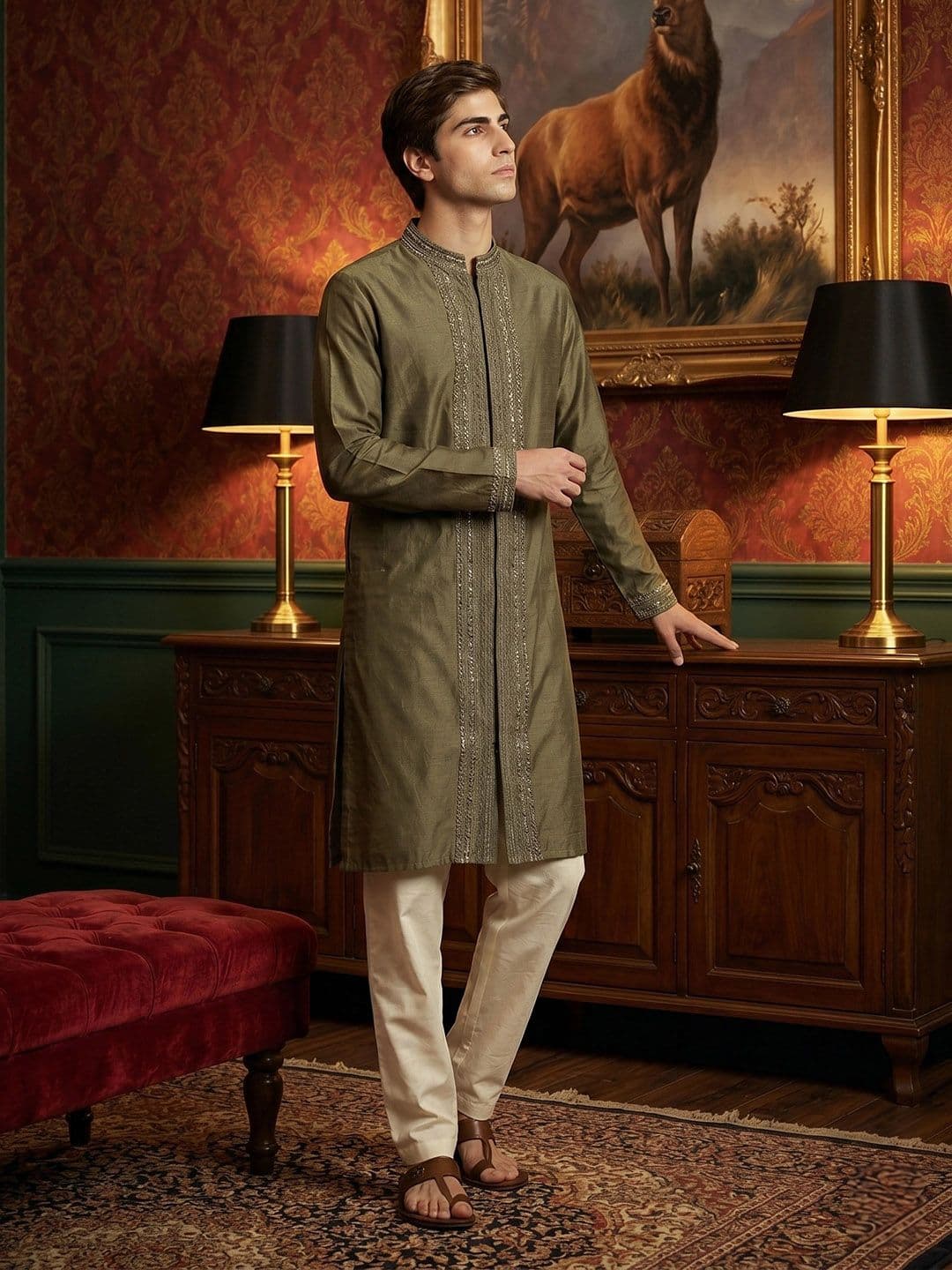 House of Pataudi Floral Embroidered Mandarin Collar Sequinned Jashn Straight Kurta - view 1
