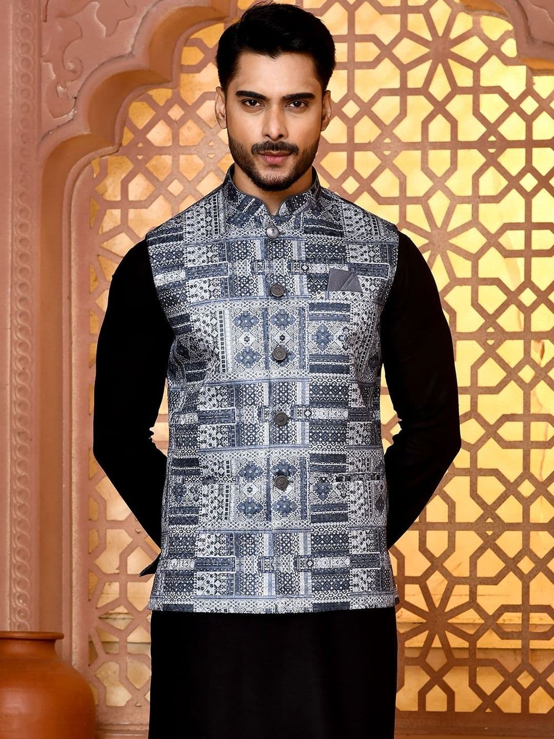 WANAS Men Multicolor Geometric Printed Premium Jacquard Nehru Jacket - view 1