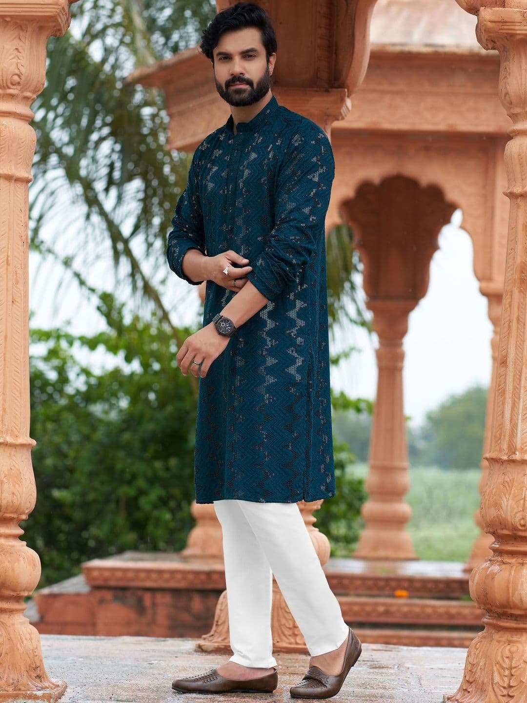 House of Pataudi Men Geometric Printed Embellished Kurta - view 1