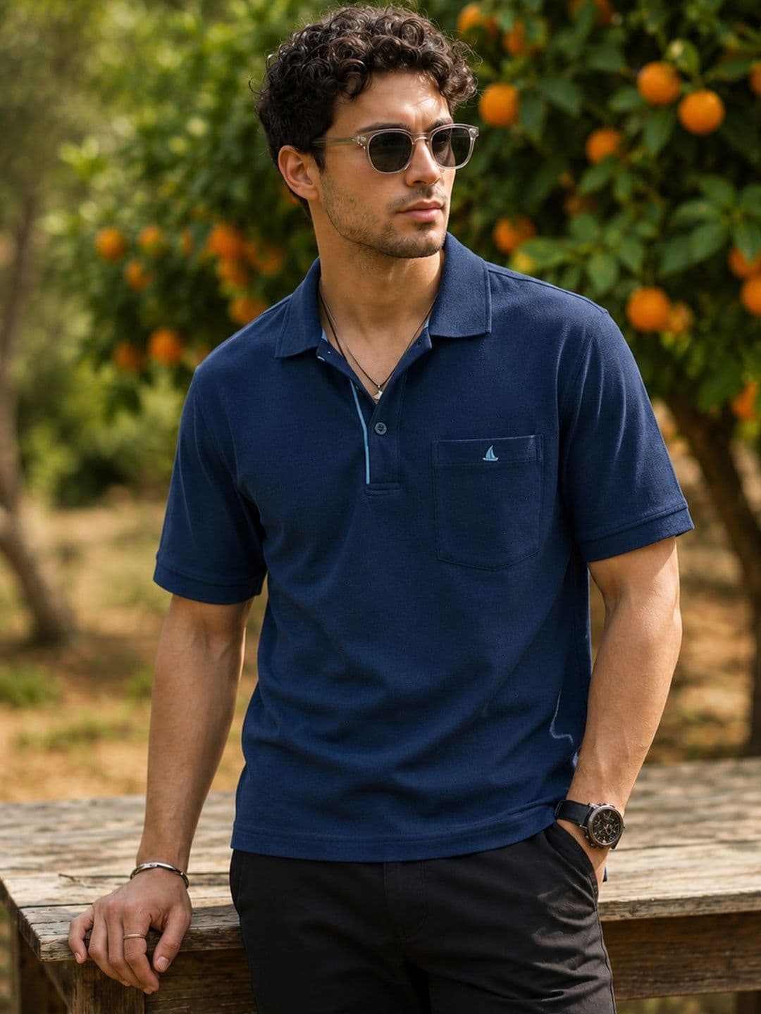 Utopium Men Brand Logo Polo Collar Pure Cotton Pockets T-shirt - view 1
