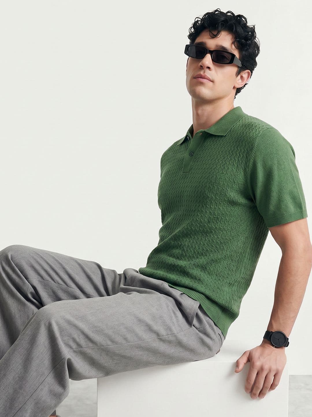 Mast & Harbour Self Design Polo Collar Pure Cotton T-shirt - view 1