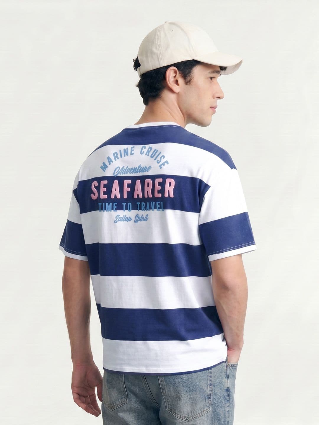 Mast & Harbour Striped Typography Printed Drop-Shoulder Sleeves Relaxed Fit T-shirt - view 1