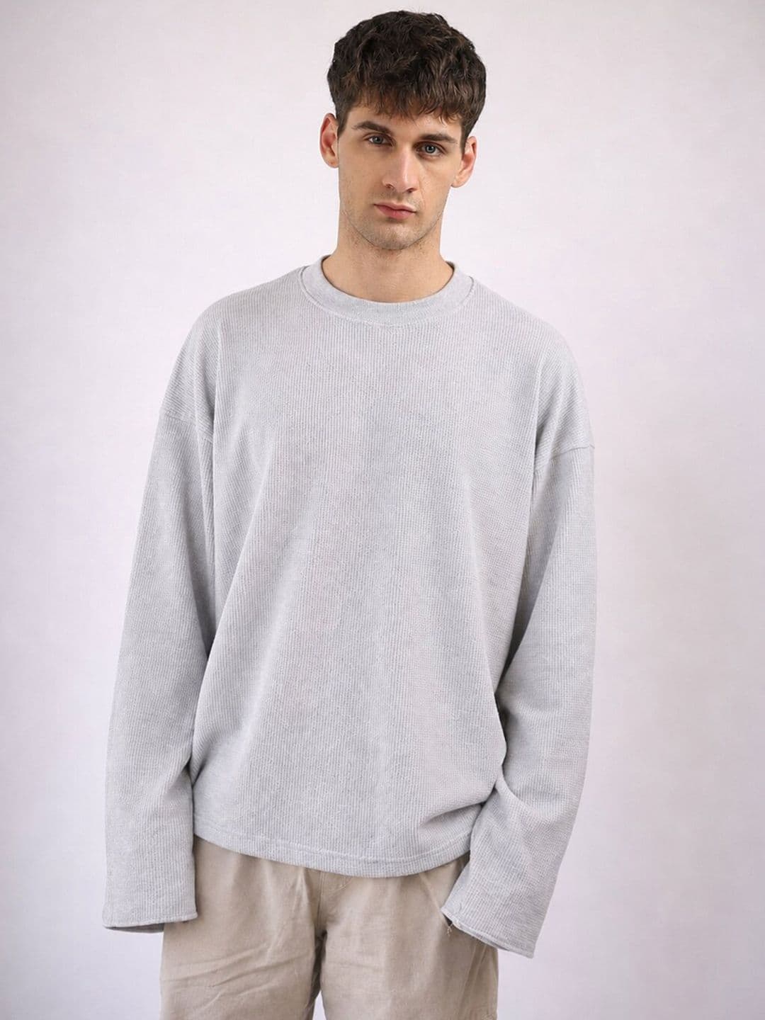 MOHICANS Drop-Shoulder Sleeves Waffle Textured Oversized T-shirt - view 1