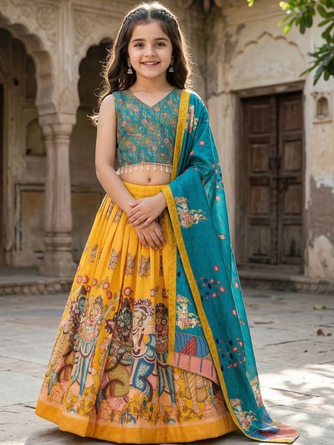 KALINI Girls Printed Beads and Stones Kalamkari Ready to Wear Lehenga & Blouse With Dupatta - view 1