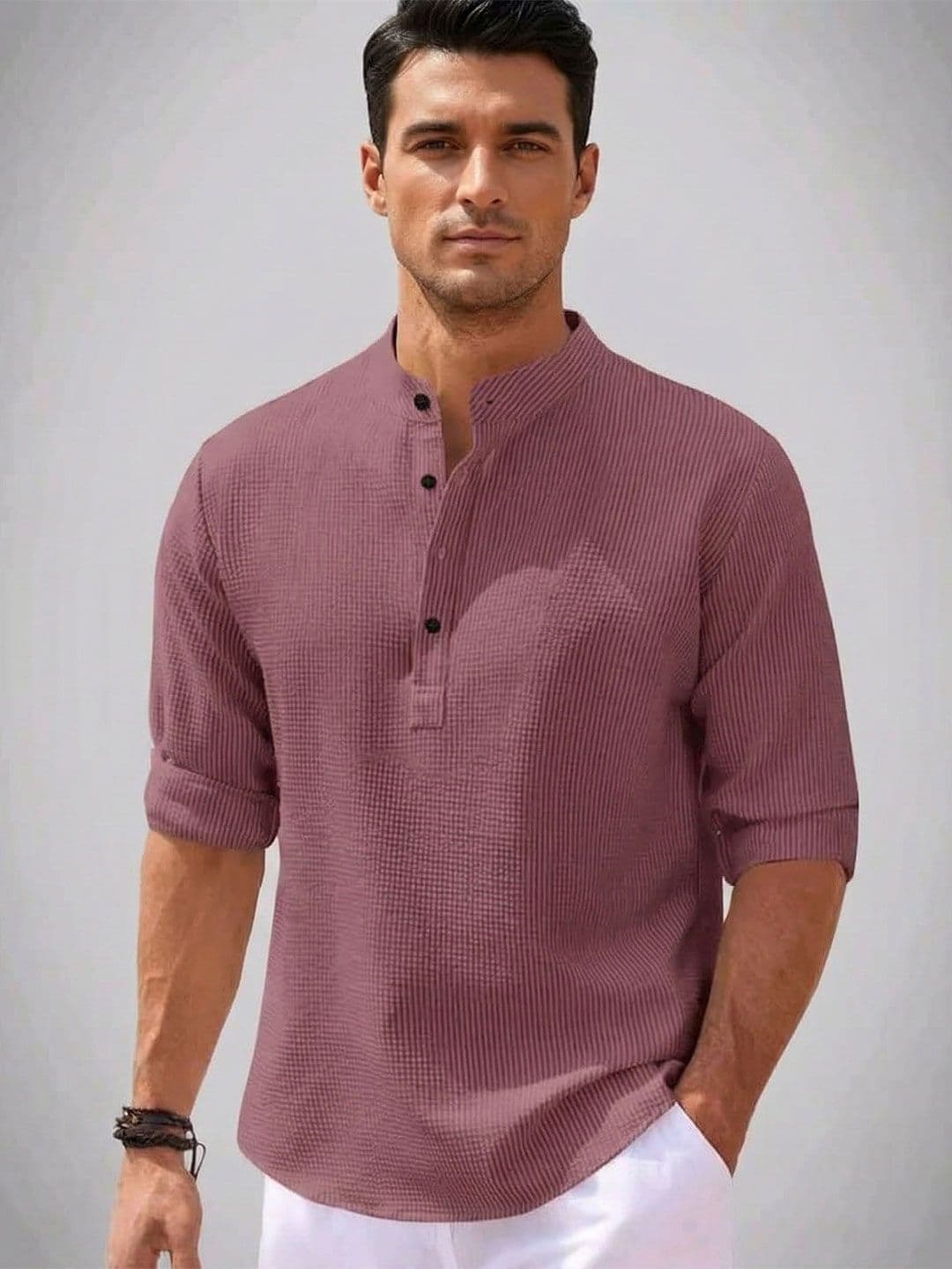 Starvy Men Mandarin Collar Roll-Up Sleeves Pockets T-shirt - view 1