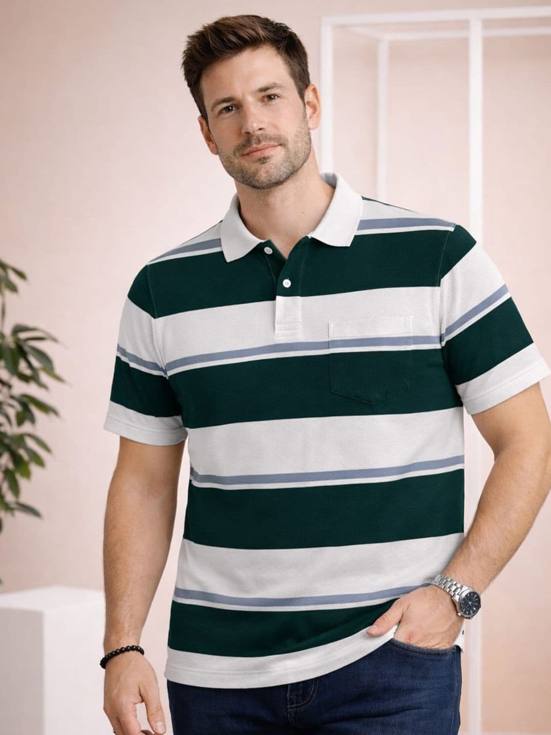 Austin wood Men Striped Polo Collar Pockets T-shirt - view 1