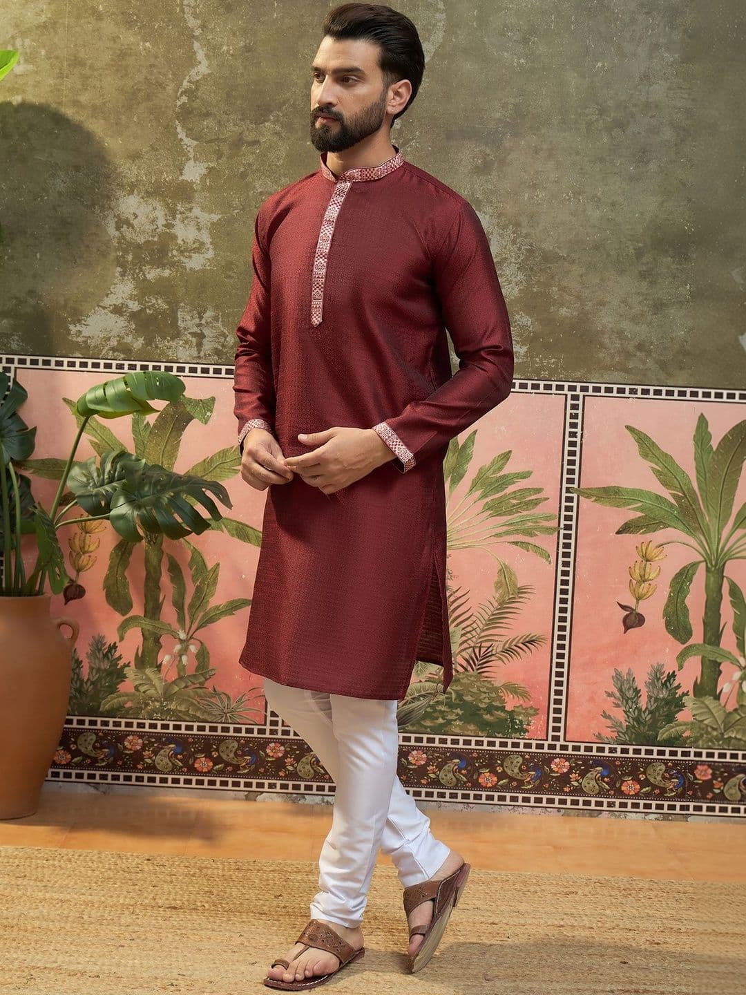 Sangria Woven Design Mandarin Collar Straight Kurta - view 1