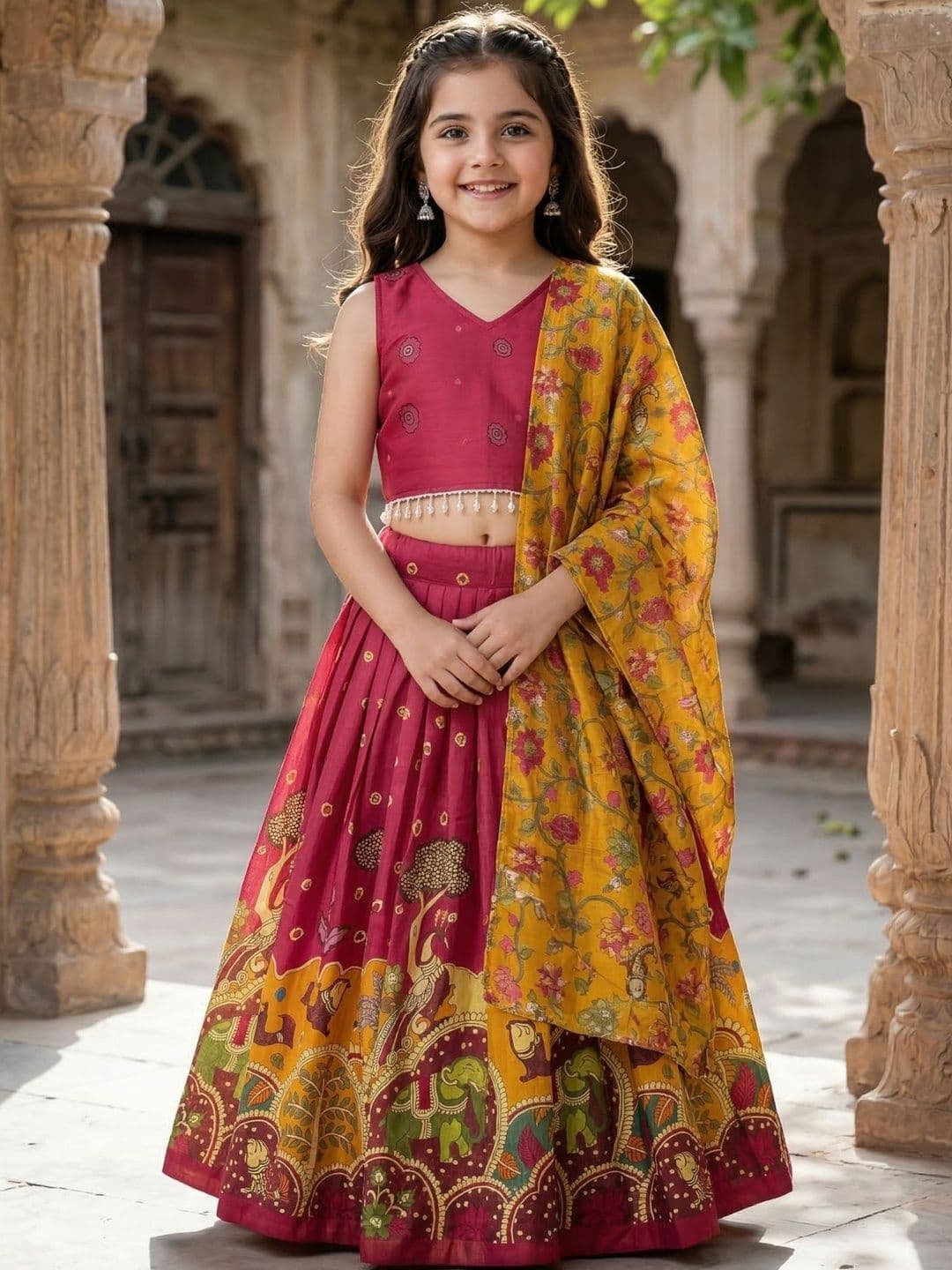 KALINI Girls Printed Beads and Stones Kalamkari Semi-Stitched Lehenga & Blouse With Dupatta - view 1