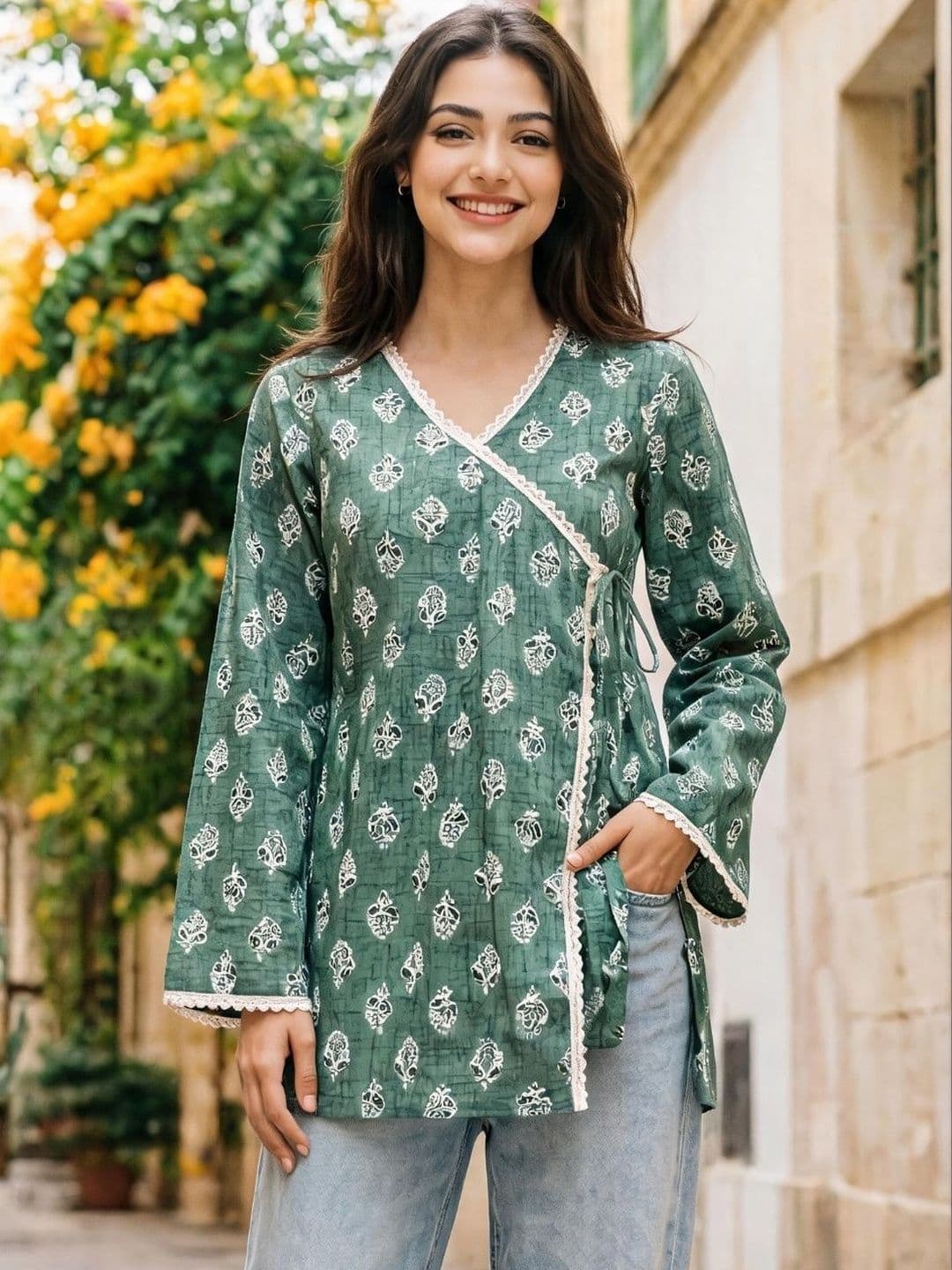 Kaftanize Ethnic Motifs Printed V-Neck Angrakha Kurti - view 1