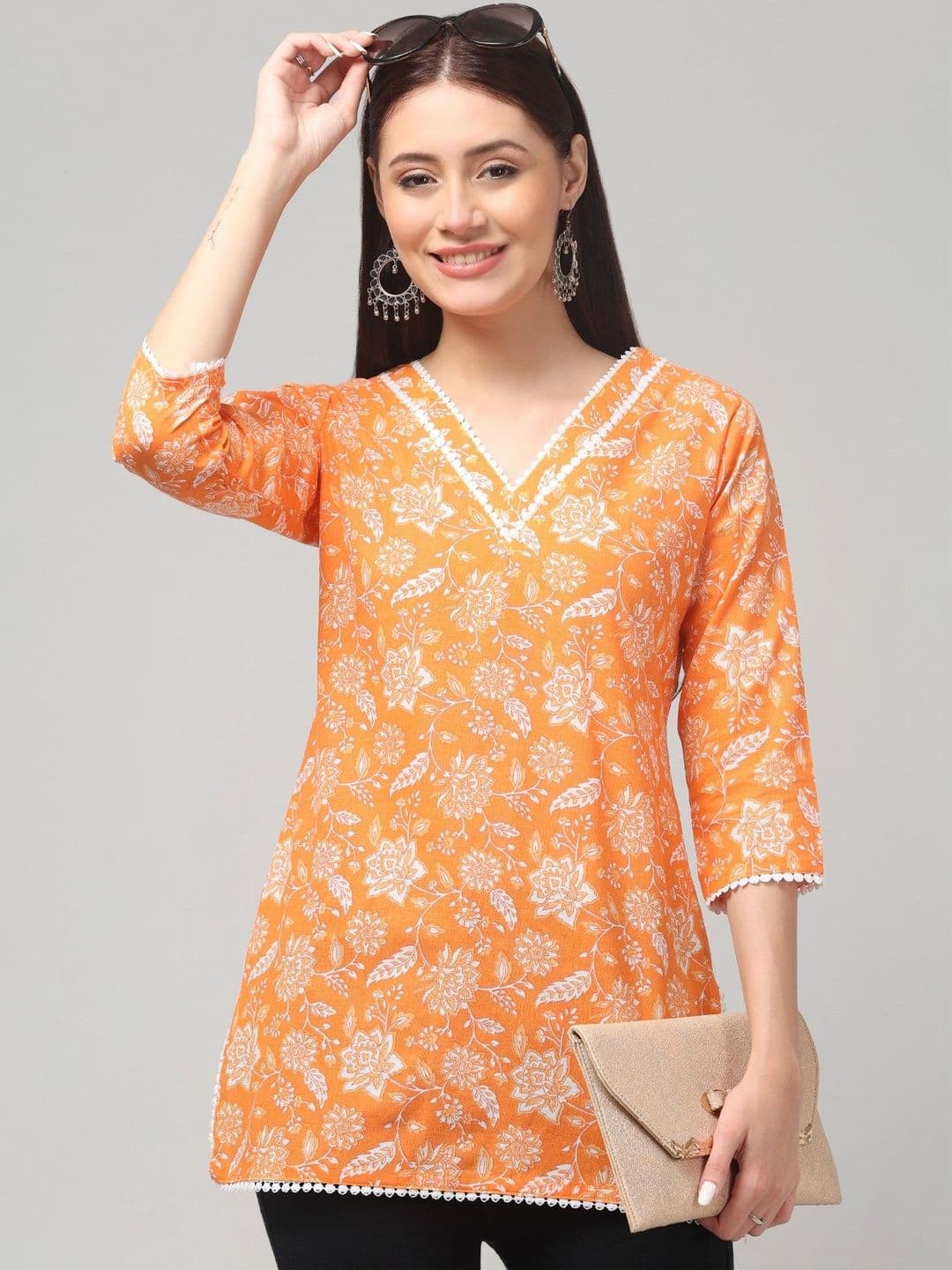 CROWN KING GARMENTS Floral Printed V-Neck Kurti - view 1