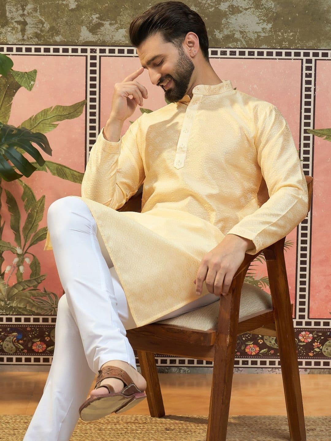 Sangria Woven Design Mandarin Collar Straight Kurta - view 1