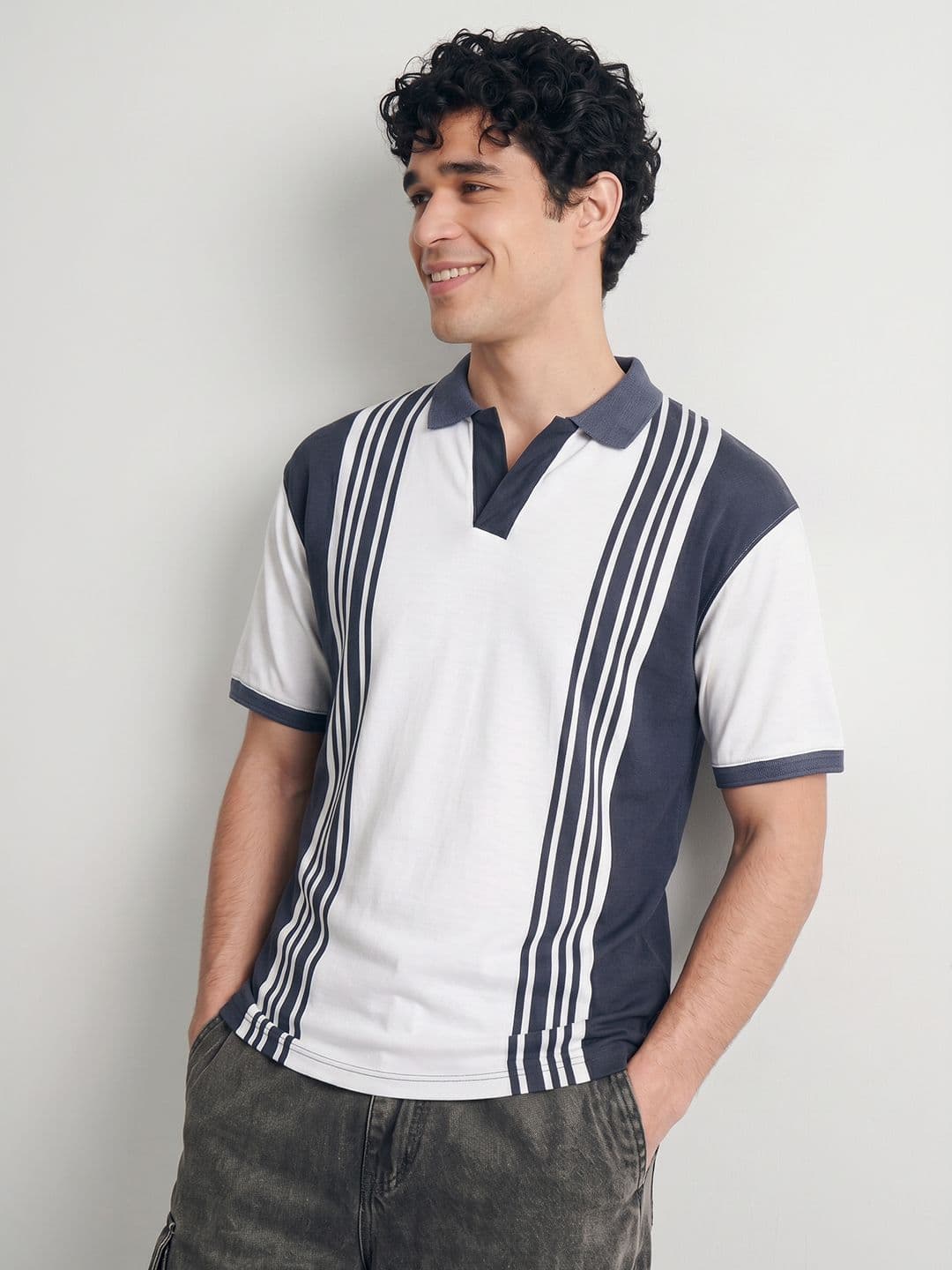 Mast & Harbour Men Striped Polo Collar Relaxed Fit T-shirt - view 1