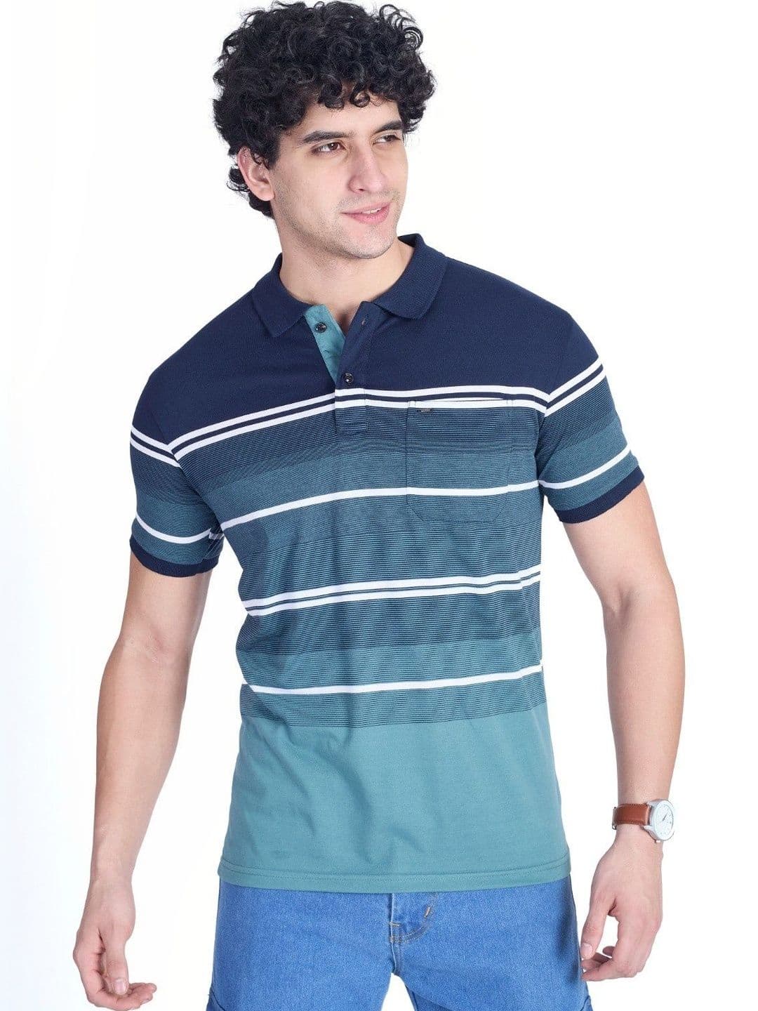 PRORIDERS Men Striped Polo Collar Pockets T-shirt - view 1