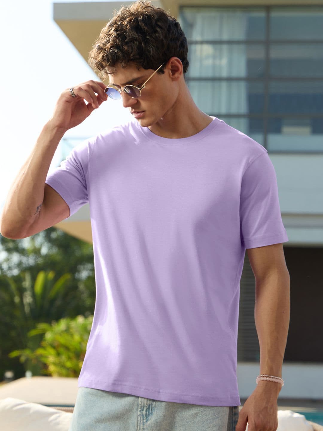 The Souled Store Men Regular Fit Solid Lavender T-Shirts - view 1