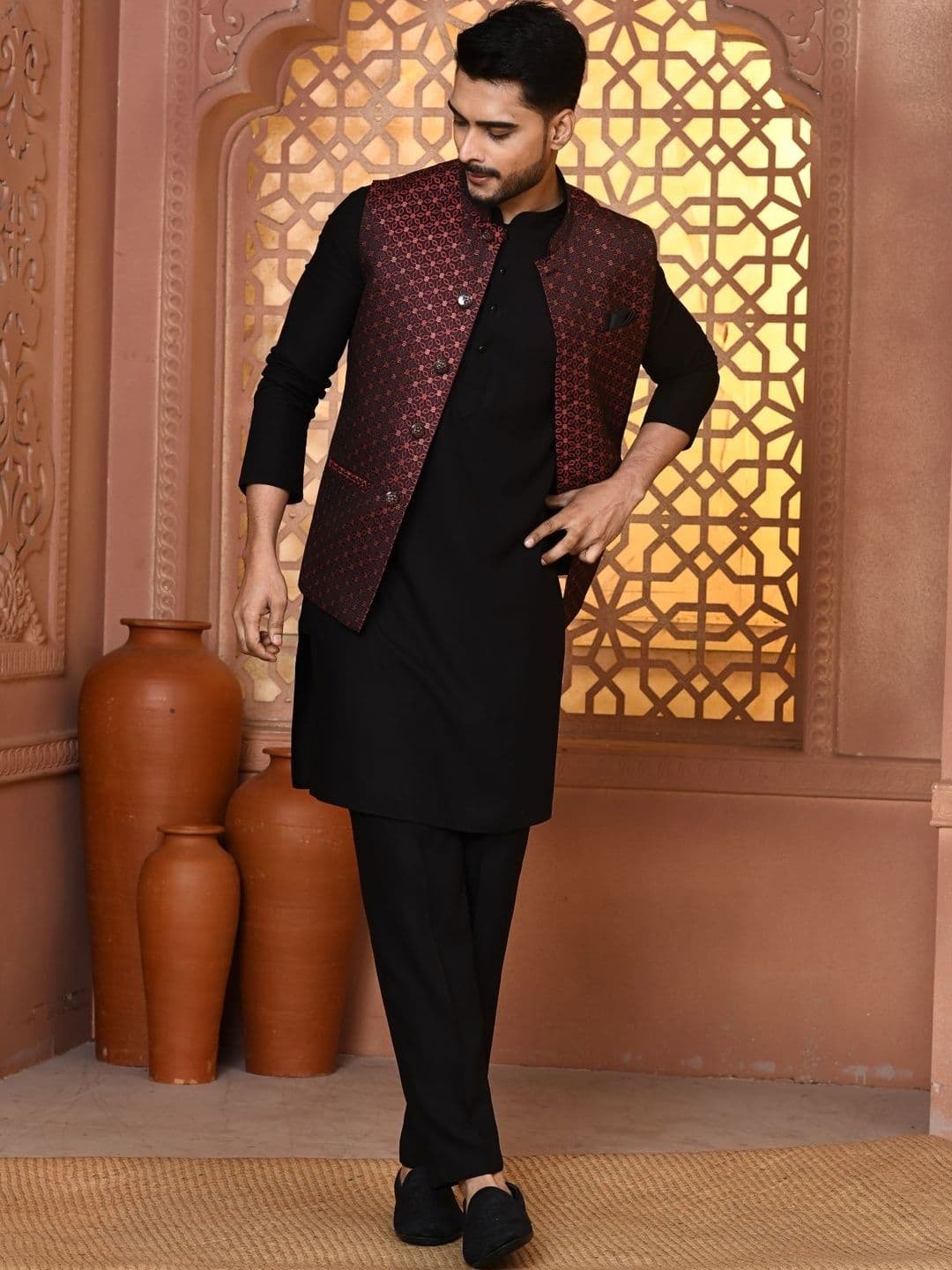 WANAS Woven Design Mandarin Collar Nehru Jackets - view 1