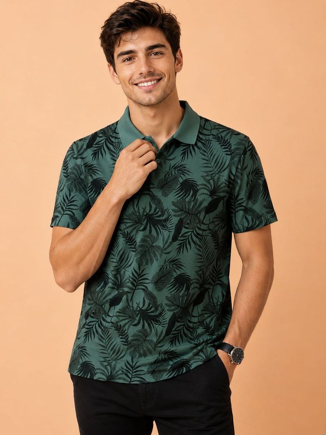 HERE&NOW Men Floral Printed Polo Collar Tropical T-shirt - view 1