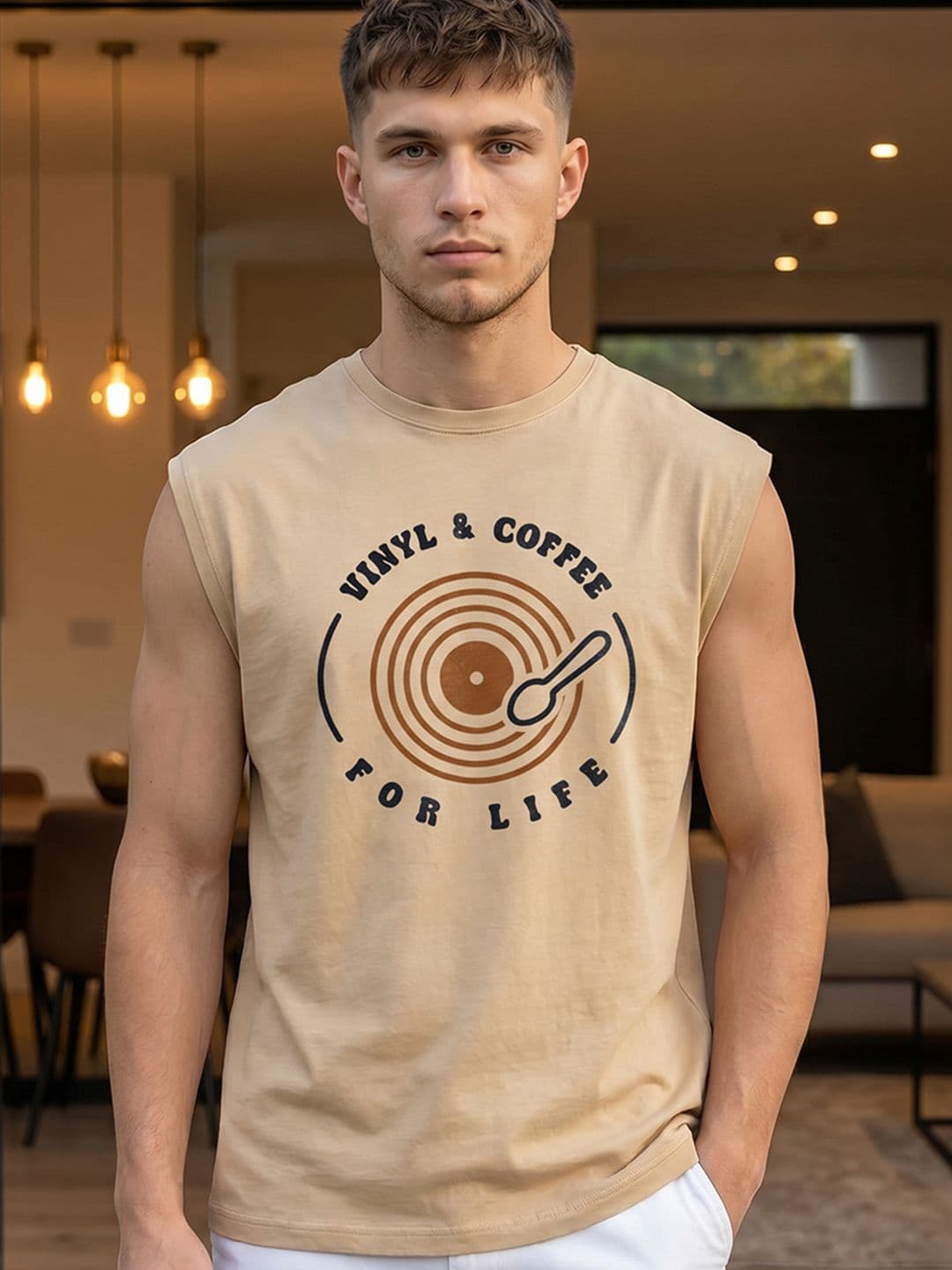 Bewakoof Men Ginger Root Brown Vinyl & Coffee Graphic Printed Boxy Fit Vest - view 1