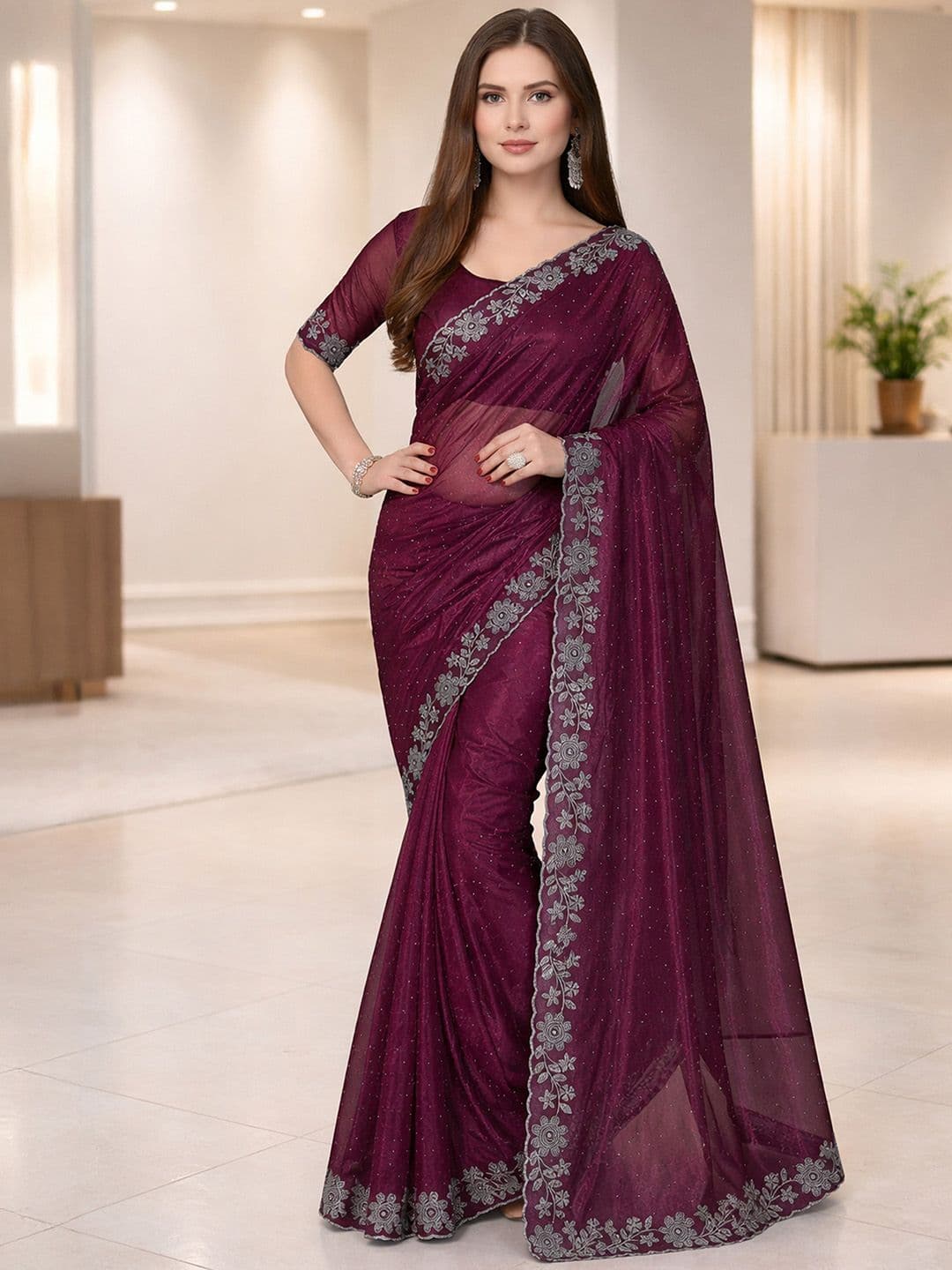 STYLE MODA Embellished Embroidered Net Heavy Work Saree - view 1