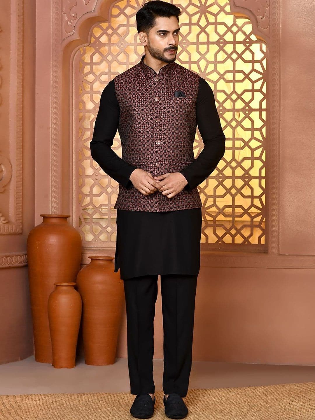 WANAS Men Woven Design Premium Jacquard Nehru Jacket - view 1