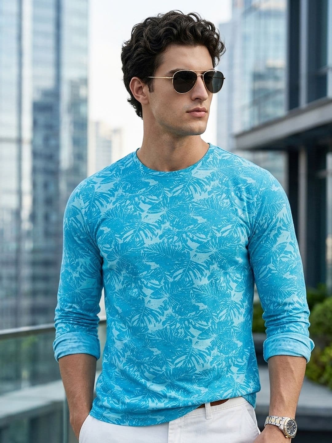 Urbano Fashion Men Turquoise Blue Floral Printed Tropical Slim Fit T-shirt - view 1