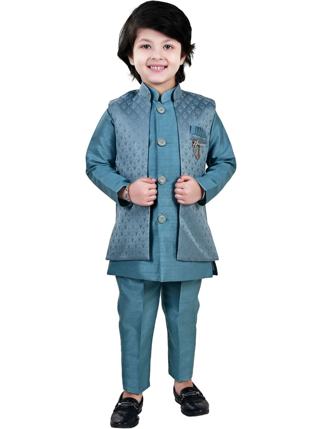 BAESD Boys Self Design Band Collar Sherwani - view 1