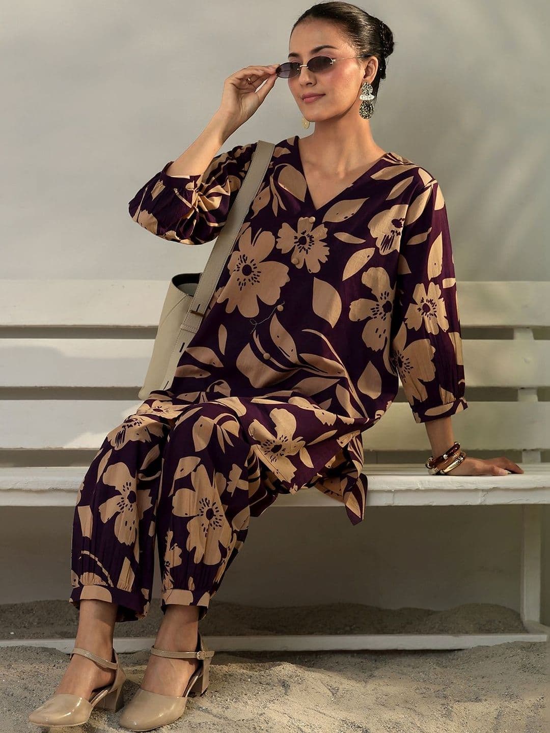 Libas Purple Floral Printed Cotton Co-Ord Set - view 1