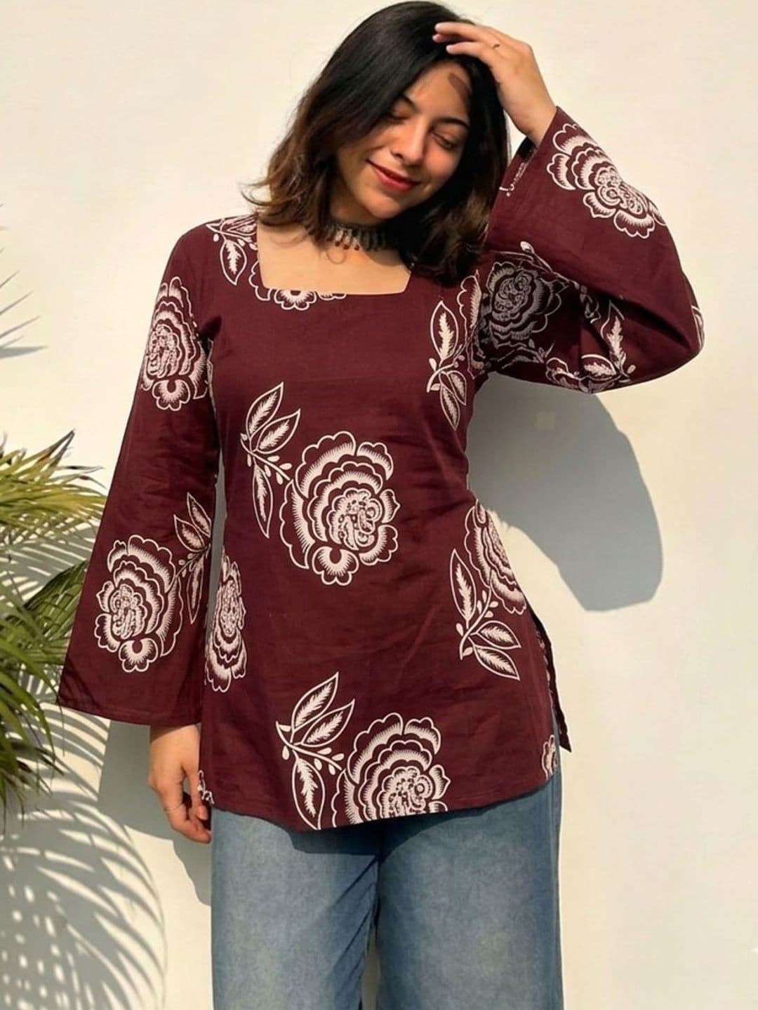 JAHIDA COMFORT WITH STYLE Floral Printed Square Neck Flared Sleeves Pure Cotton Kurti - view 1