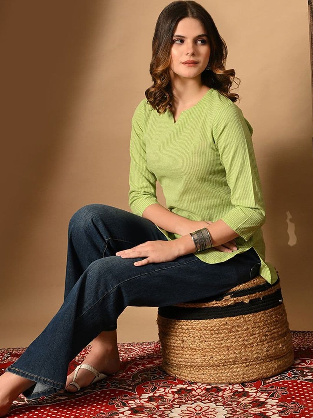 Sangria Striped Striped Pure Cotton Round Neck Straight Kurtis - view 1