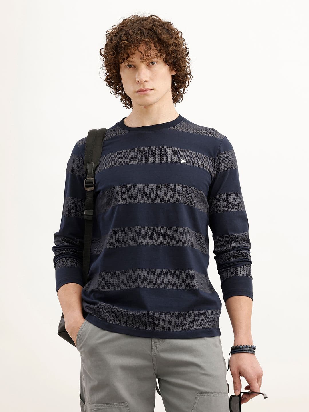 WROGN Men Navy Blue Striped Slim Fit Cotton Cotton T-shirt - view 1