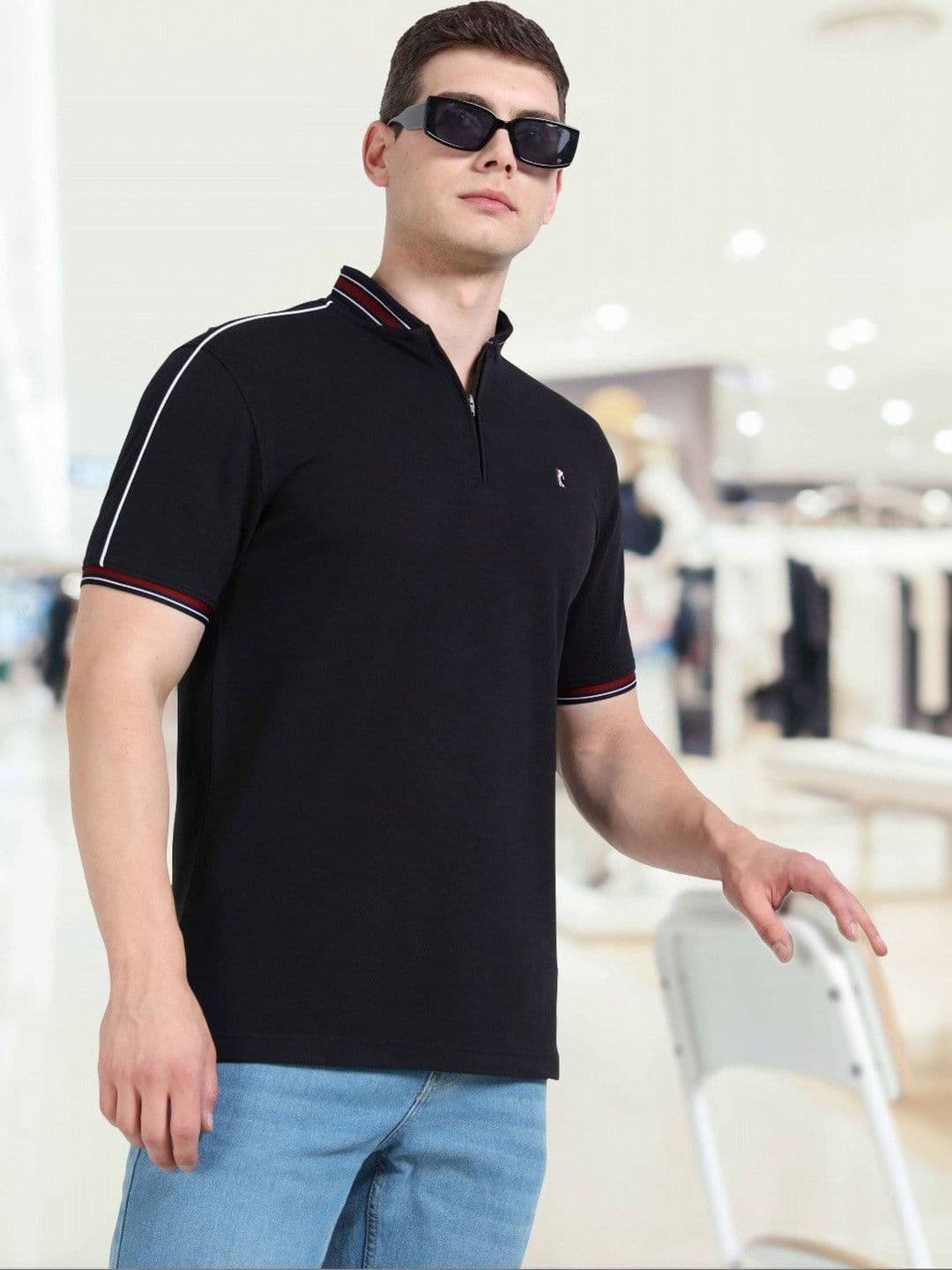 STELLERS Men Zipper Mandarin Collar Black Cotton Tshirt - view 1