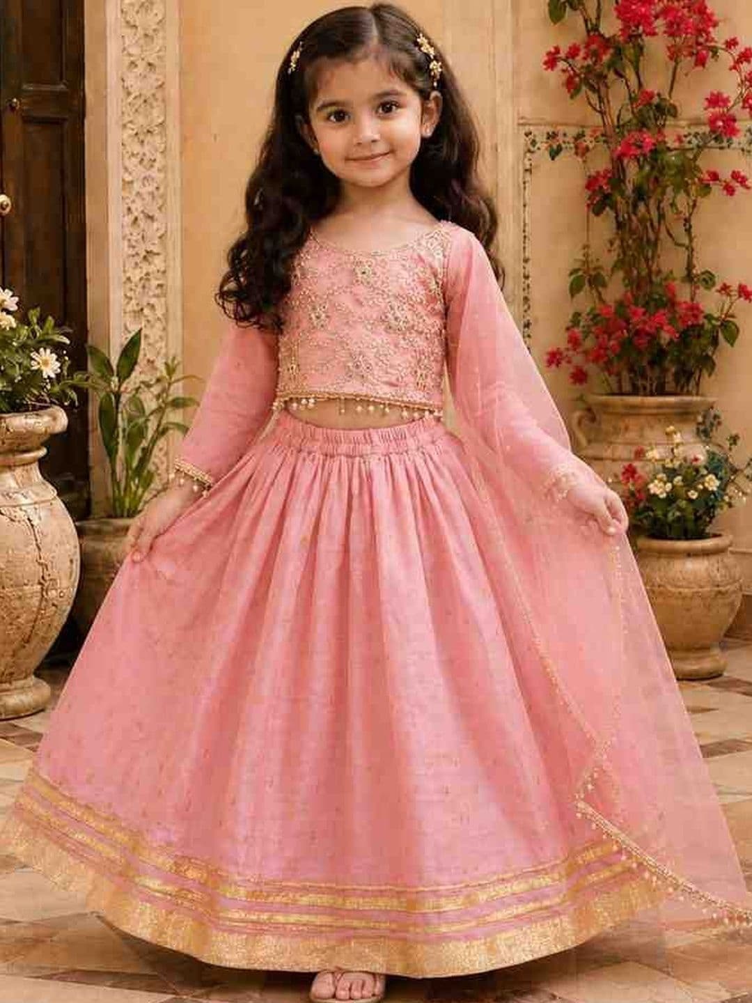 KALINI Girls Embellished Mirror Work Tie and Dye Ready to Wear Lehenga & Blouse With Dupatta - view 1