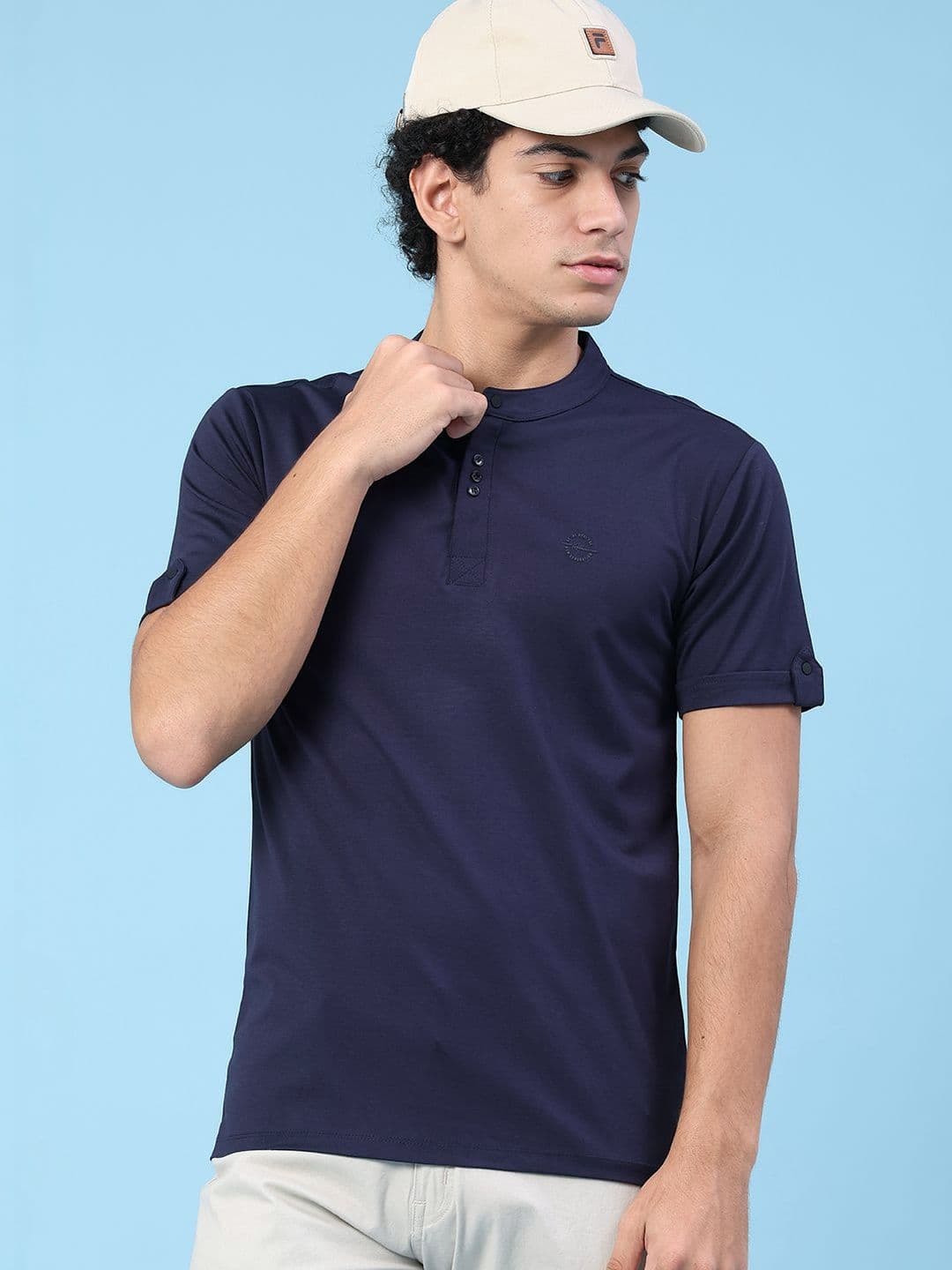 V-Mart Men Mandarin Collar Roll-Up Sleeves Pockets T-shirt - view 1
