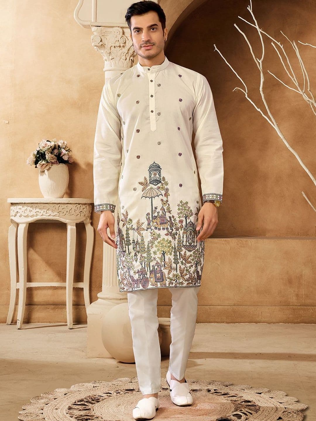 House of Pataudi Embroidered Cotton Mandarin Collar Knee Length Straight Kurtas - view 1