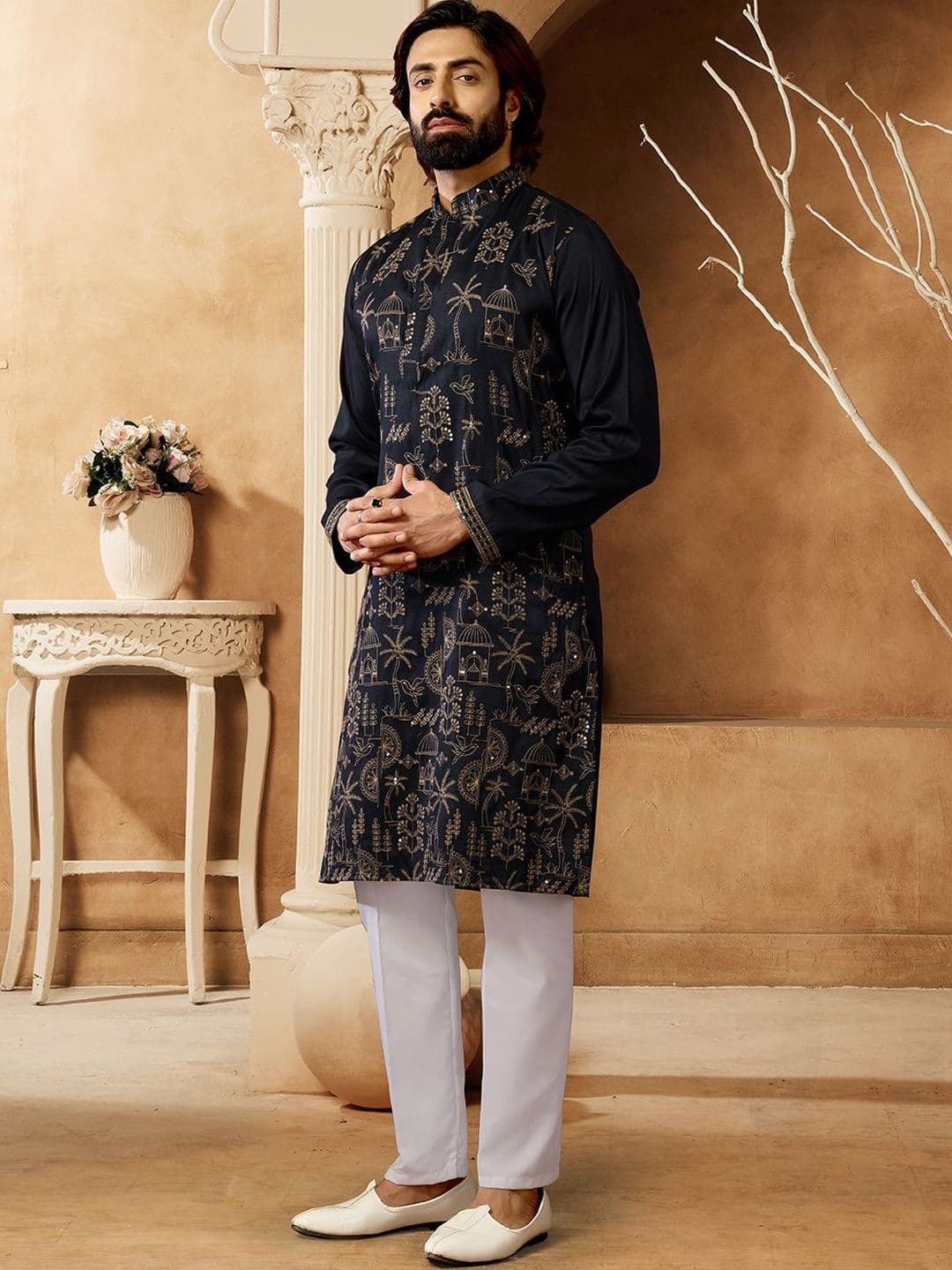 House of Pataudi Embroidered Cotton Mandarin Collar Knee Length Straight Kurtas - view 1