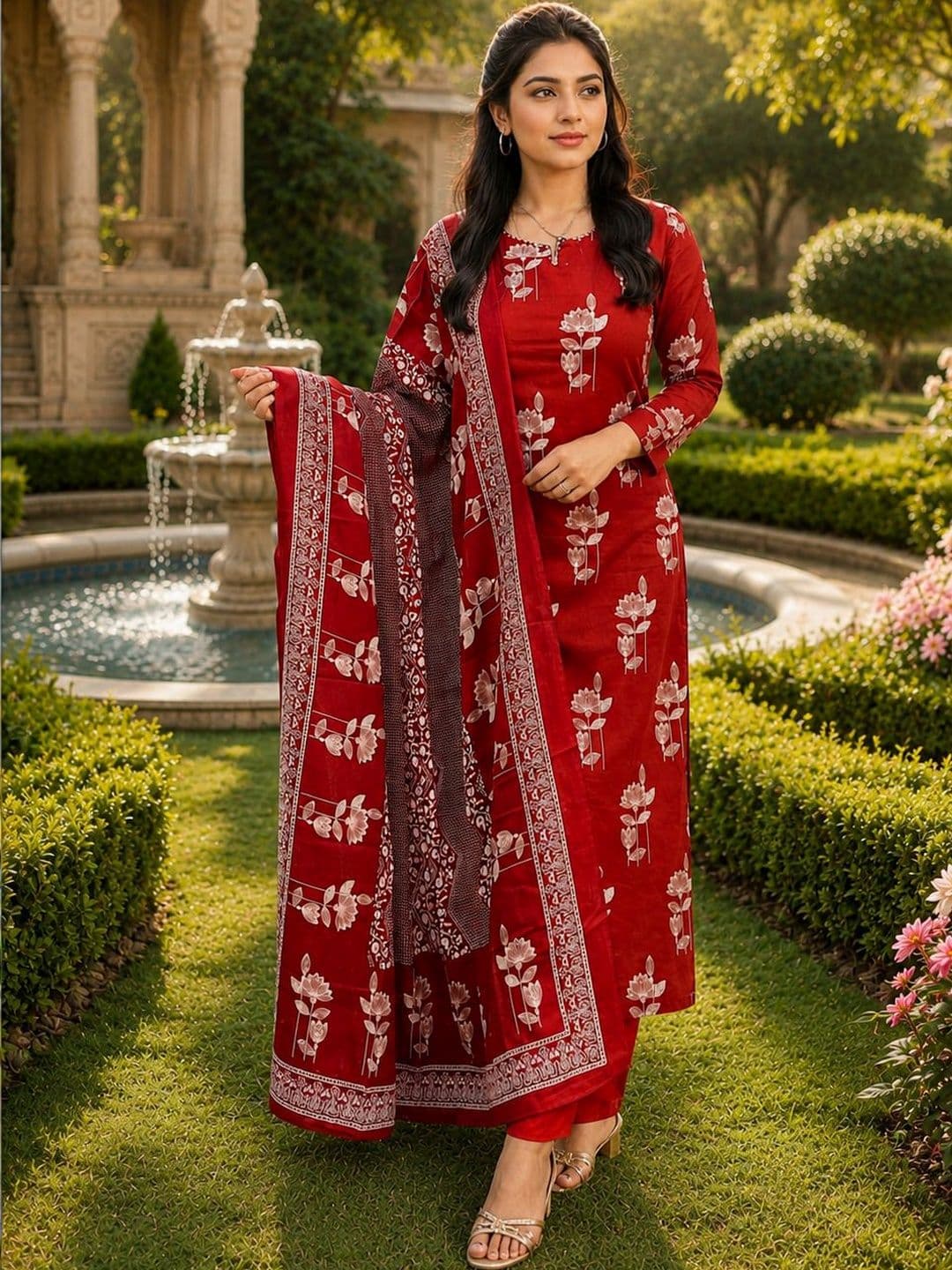 HERE&NOW Women Floral Printed Regular Pure Cotton Kurta with Trousers & With Dupatta - view 1