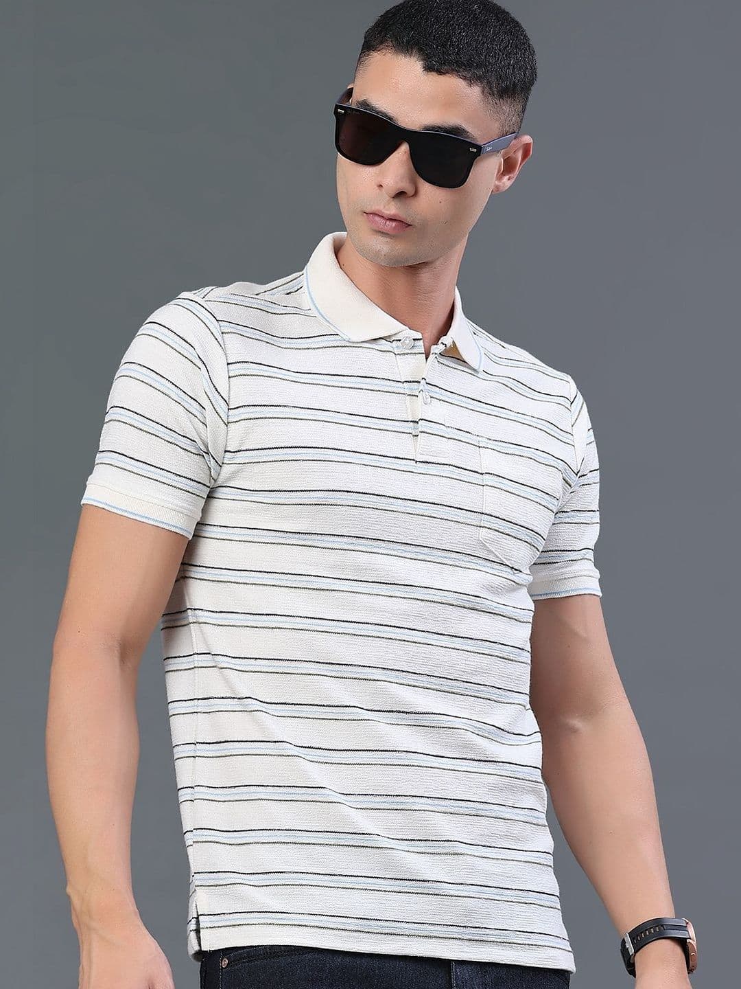 V-Mart Men Striped Polo Collar Pockets T-shirt - view 1