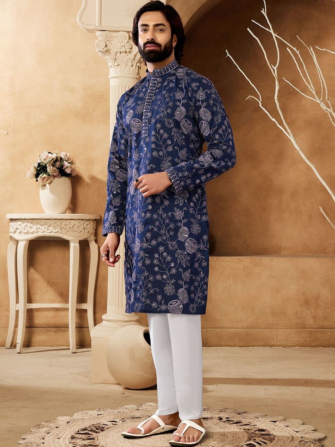 House of Pataudi Embellished Cotton Band Collar Knee Length Straight Kurta - view 1