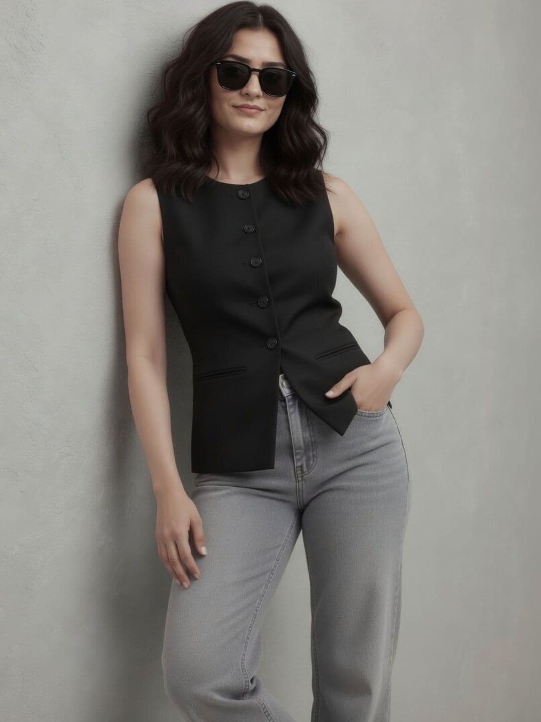 Moda Rapido Women Black Solid Formal Sleeveless Slim Fit Waistcoat - view 1