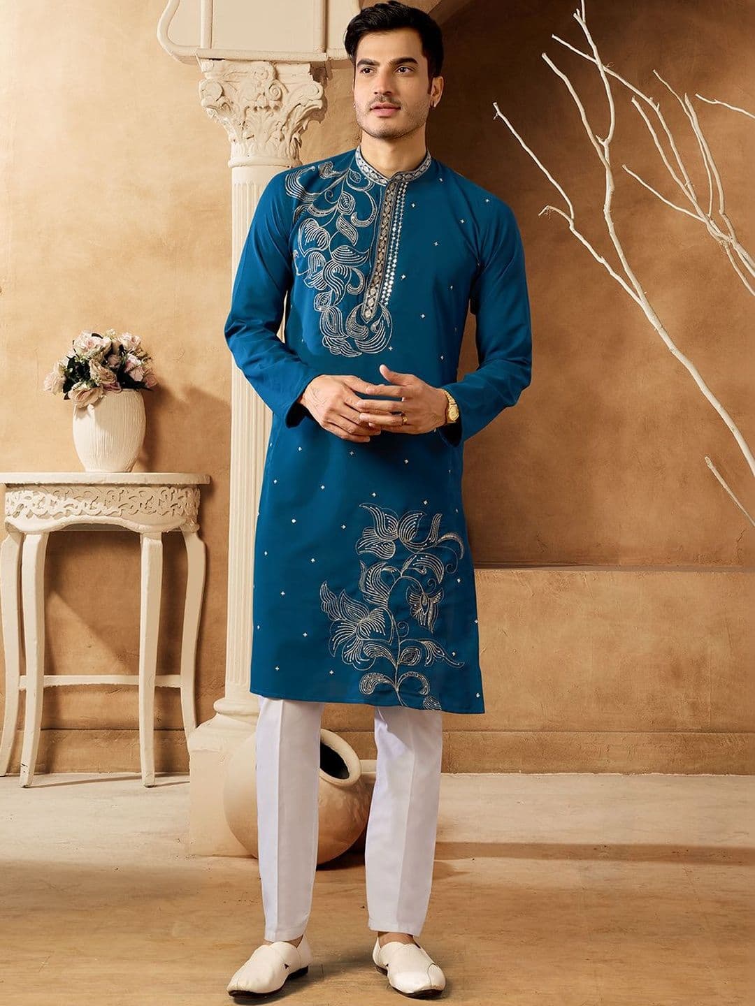 House of Pataudi Embroidered Cotton Mandarin Collar Calf Length Straight Kurtas - view 1