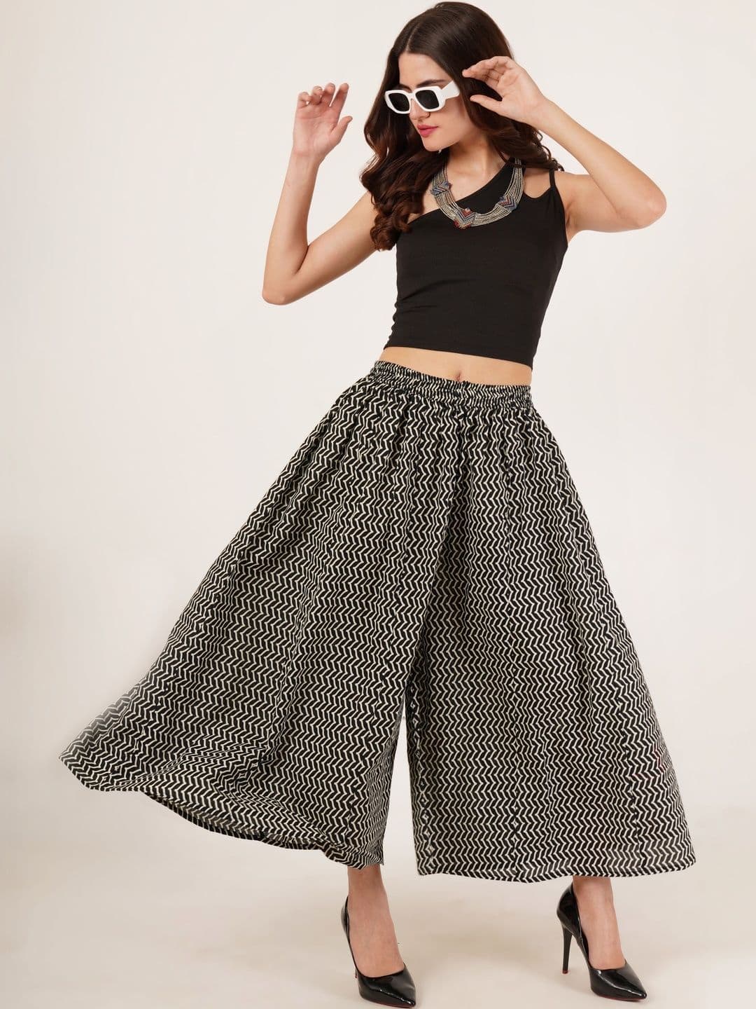 Sangria Printed Flared Cropped Palazzos - view 1