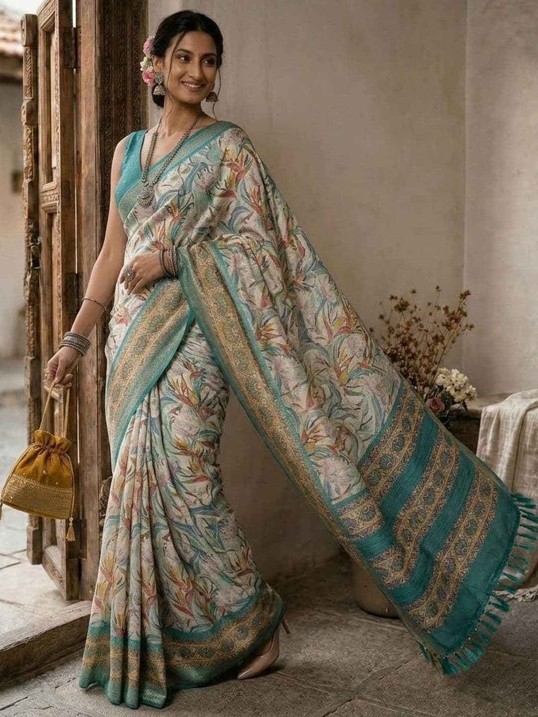 SZN Floral Designer Block Print Saree - view 1
