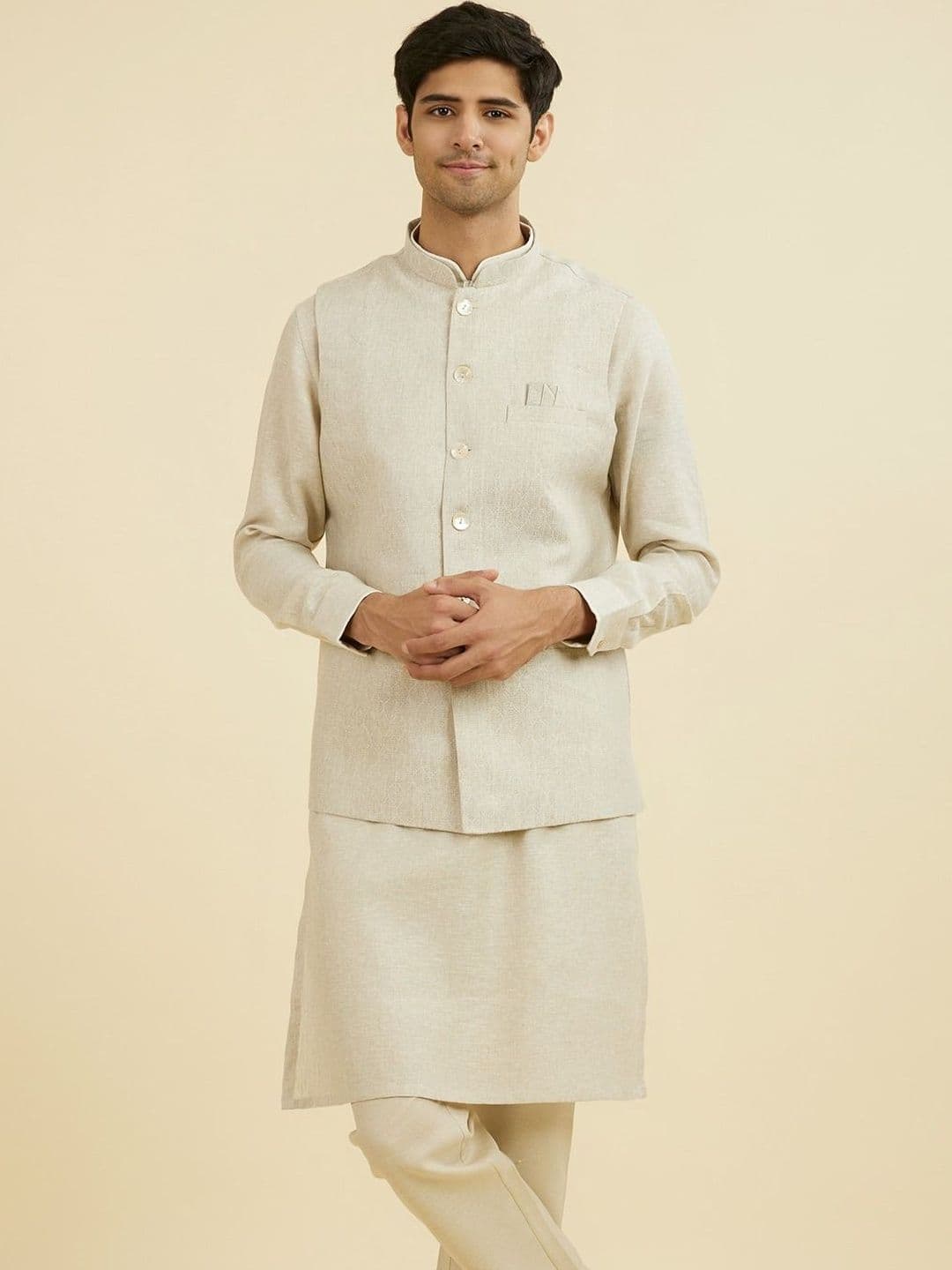 Manyavar Self Design Mandarin Collar Nehru Jackets - view 1