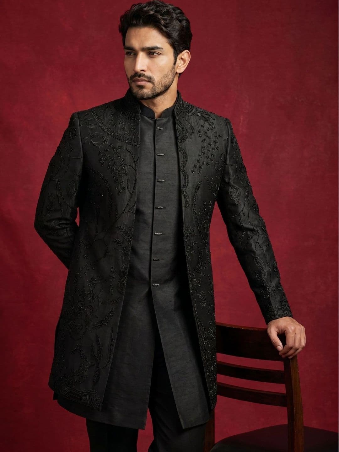 Jompers Embroidered Mandarin Collar Sherwani - view 1