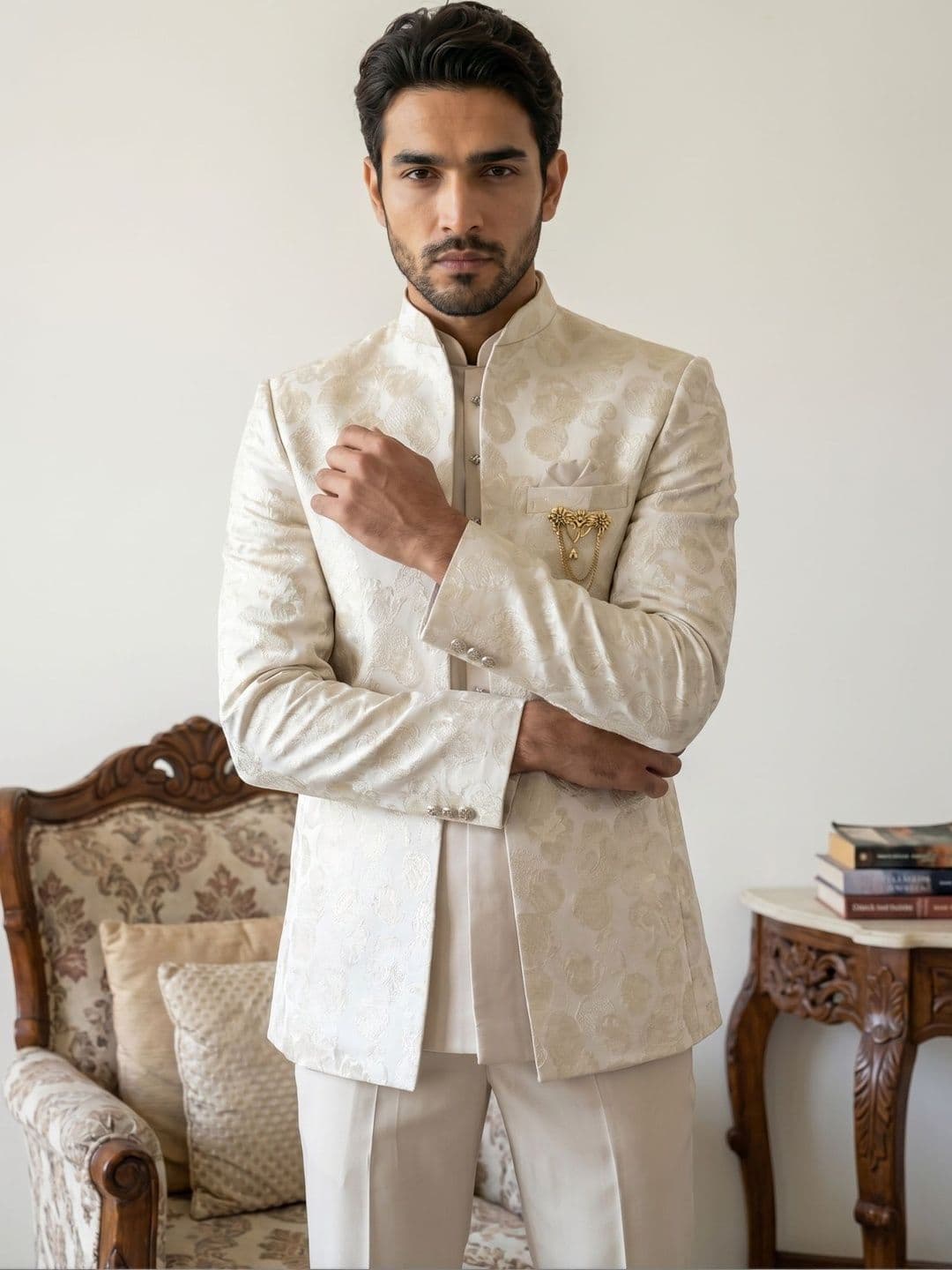 Jompers Self Design Mandarin Collar Sherwani - view 1