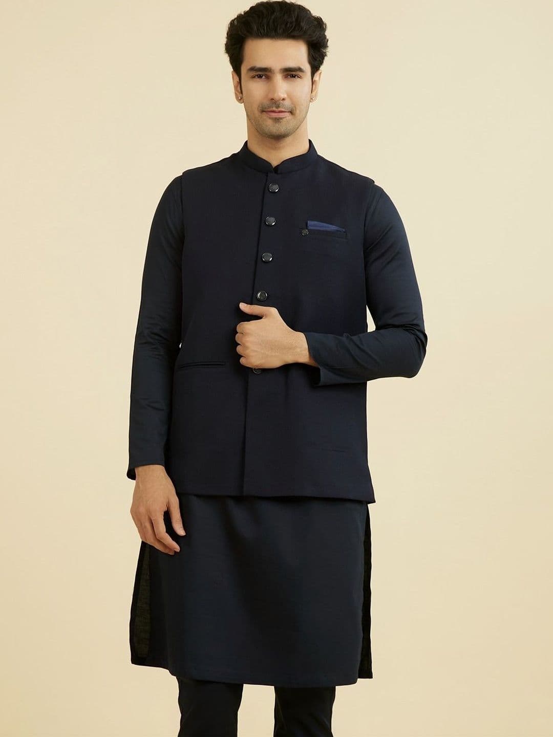 Manyavar Self Design Mandarin Collar Nehru Jackets - view 1