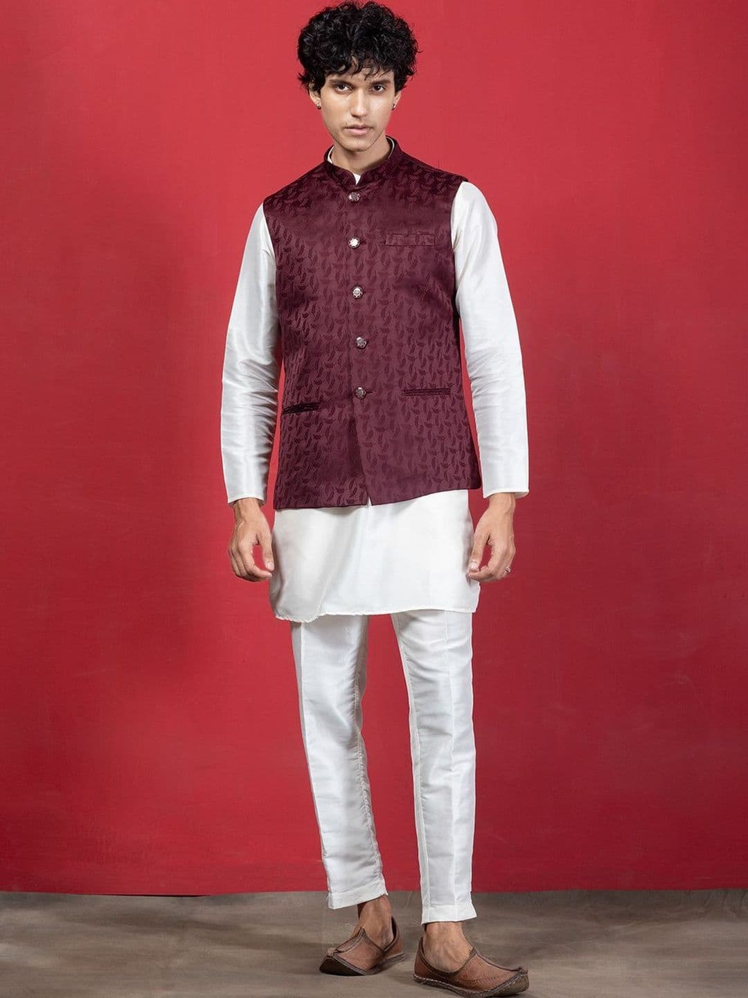 EKYAA Woven Design Mandarin Collar Nehru Jackets - view 1